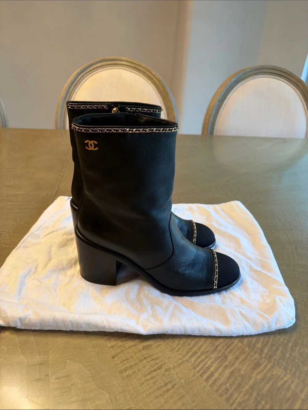 CHANEL Black Leather Golden Chain-Trim Block Heel Boots